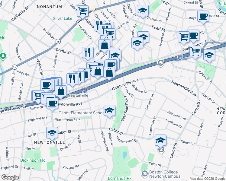 map of restaurants, bars, coffee shops, grocery stores, and more near 256 Newtonville Avenue in Newton