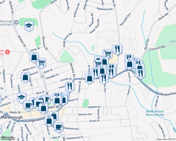 map of restaurants, bars, coffee shops, grocery stores, and more near 41 Clinton Street in Marlborough