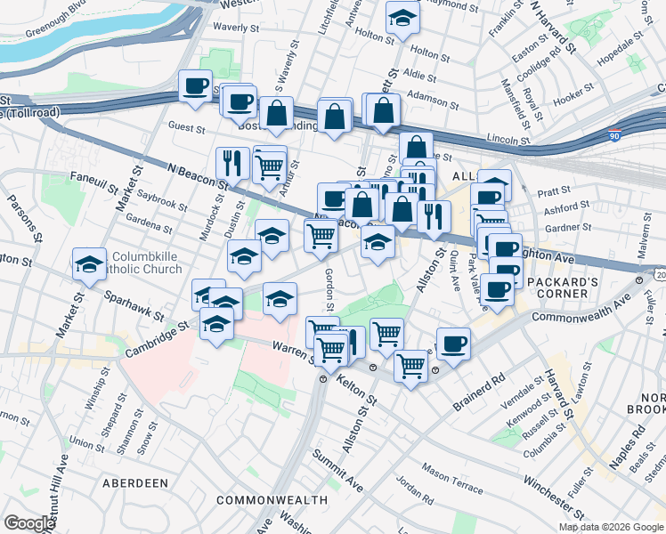 map of restaurants, bars, coffee shops, grocery stores, and more near in Boston