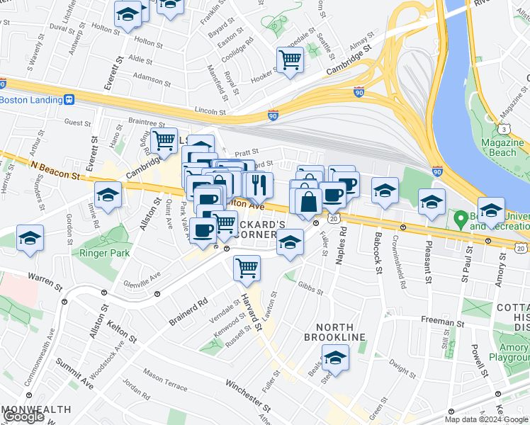 map of restaurants, bars, coffee shops, grocery stores, and more near 66 Brighton Avenue in Boston