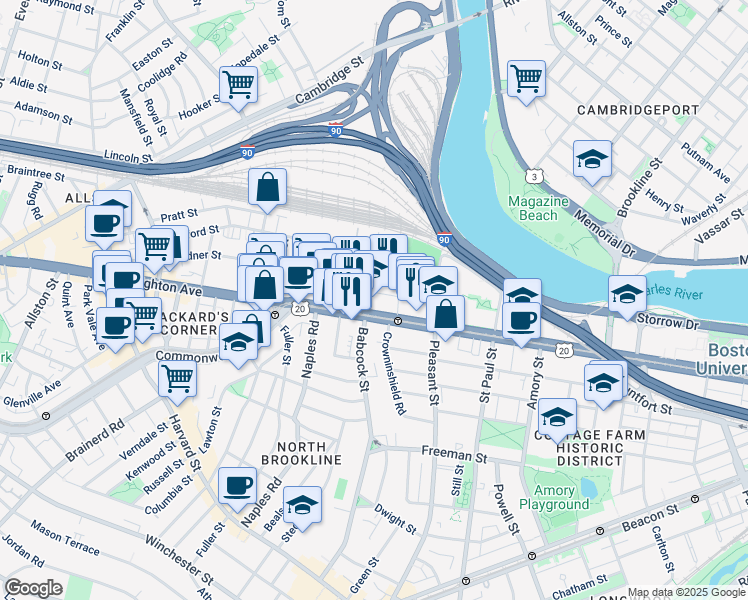 map of restaurants, bars, coffee shops, grocery stores, and more near in Boston