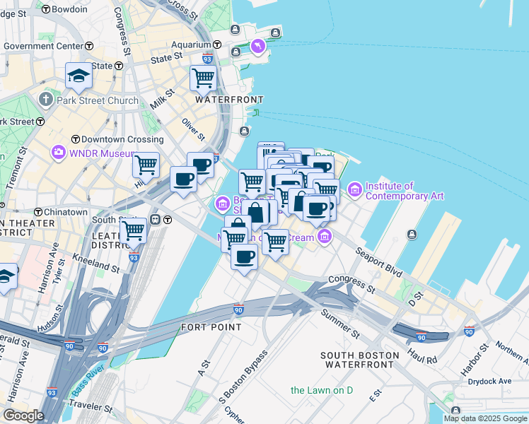 map of restaurants, bars, coffee shops, grocery stores, and more near 28-36 Sleeper Street in Boston