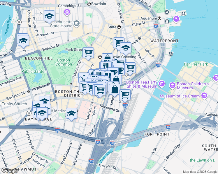map of restaurants, bars, coffee shops, grocery stores, and more near 120 Kingston Street in Boston