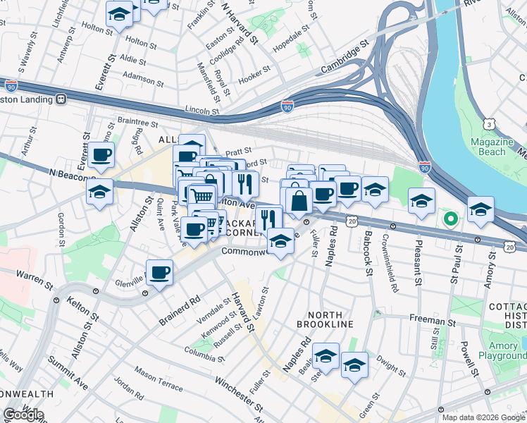 map of restaurants, bars, coffee shops, grocery stores, and more near 66 Brighton Avenue in Boston