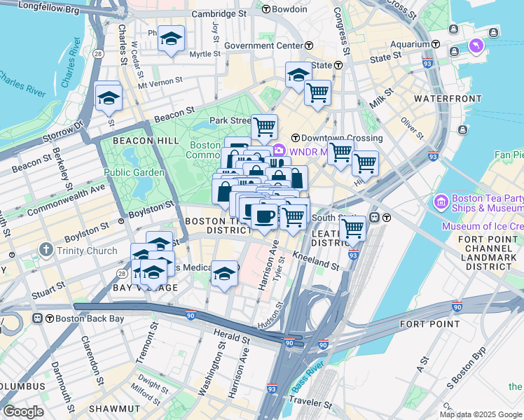 map of restaurants, bars, coffee shops, grocery stores, and more near 11 Essex Street in Boston