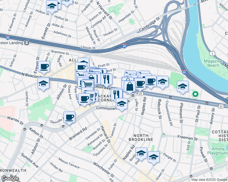 map of restaurants, bars, coffee shops, grocery stores, and more near 66 Brighton Avenue in Boston