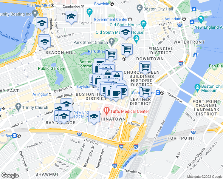 map of restaurants, bars, coffee shops, grocery stores, and more near 15-17 Essex Street in Boston