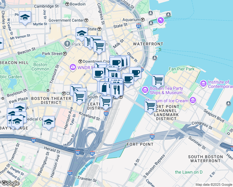map of restaurants, bars, coffee shops, grocery stores, and more near Summer Street in Boston