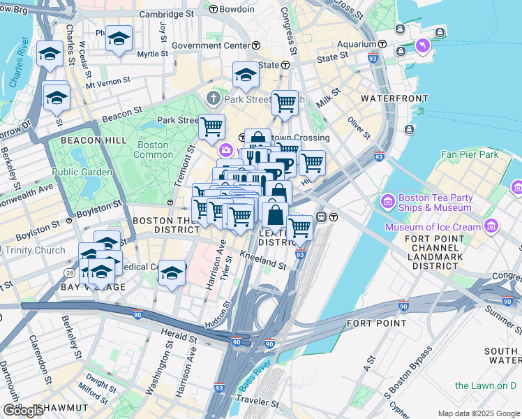 map of restaurants, bars, coffee shops, grocery stores, and more near 120 Kingston Street in Boston