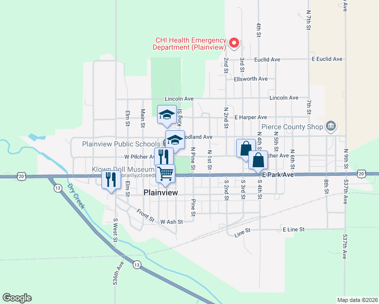 map of restaurants, bars, coffee shops, grocery stores, and more near 200-298 North Pine Street in Plainview