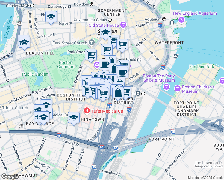 map of restaurants, bars, coffee shops, grocery stores, and more near 120 Kingston Street in Boston