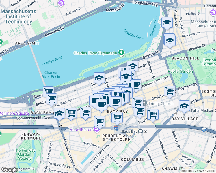 map of restaurants, bars, coffee shops, grocery stores, and more near Marlborough St & Exeter St in Boston