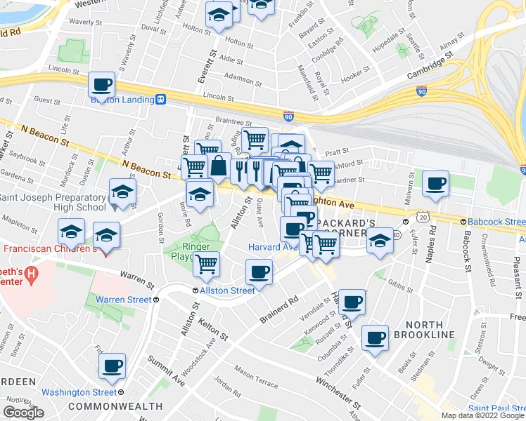 map of restaurants, bars, coffee shops, grocery stores, and more near 21 Quint Avenue in Boston