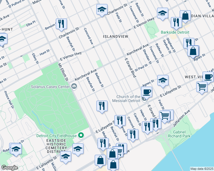 map of restaurants, bars, coffee shops, grocery stores, and more near 6625 Saint Paul Street in Detroit