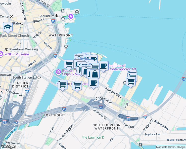 map of restaurants, bars, coffee shops, grocery stores, and more near 75 Northern Avenue in Boston