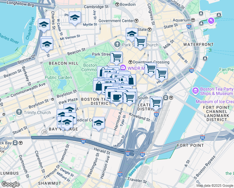 map of restaurants, bars, coffee shops, grocery stores, and more near 15 Essex Street in Boston