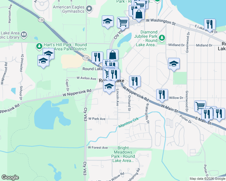 map of restaurants, bars, coffee shops, grocery stores, and more near 409 West Nippersink Road in Round Lake