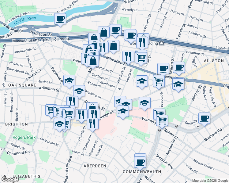 map of restaurants, bars, coffee shops, grocery stores, and more near Murdock Street in Boston