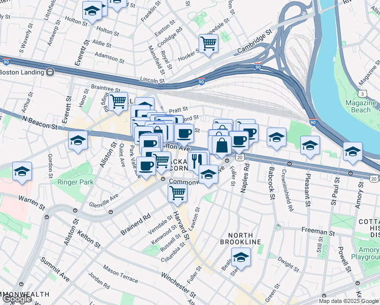 map of restaurants, bars, coffee shops, grocery stores, and more near 64 Brighton Avenue in Boston