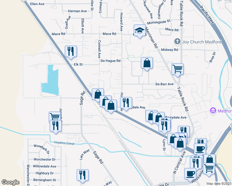 map of restaurants, bars, coffee shops, grocery stores, and more near 150 Bayberry Drive in Medford