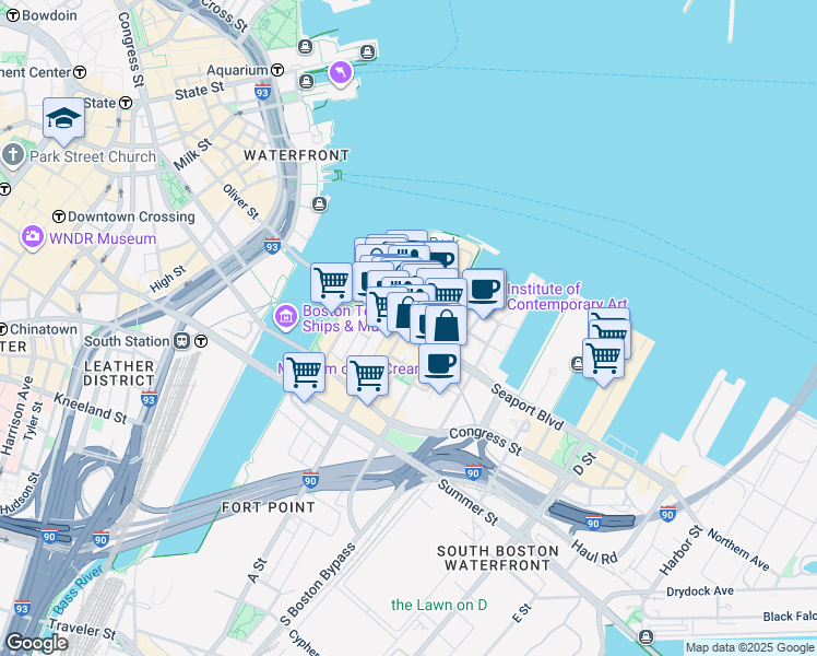 map of restaurants, bars, coffee shops, grocery stores, and more near 65 Northern Avenue in Boston