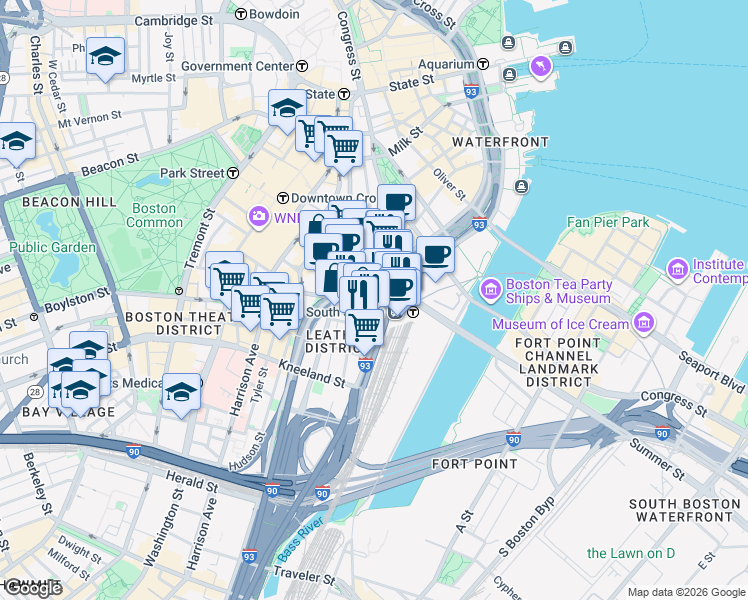 map of restaurants, bars, coffee shops, grocery stores, and more near in Boston