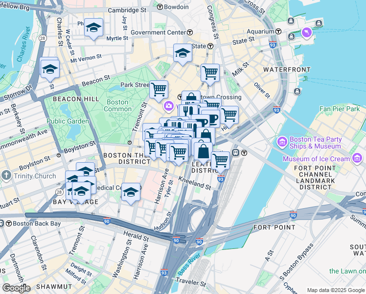 map of restaurants, bars, coffee shops, grocery stores, and more near 125 Kingston Street in Boston