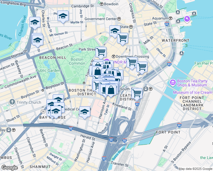 map of restaurants, bars, coffee shops, grocery stores, and more near 8 Harrison Avenue in Boston