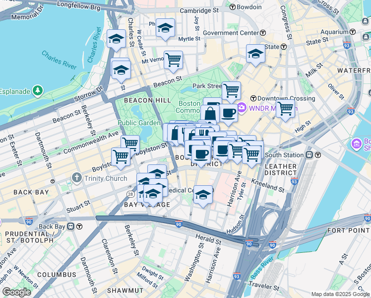 map of restaurants, bars, coffee shops, grocery stores, and more near 125 Boylston Street in Boston