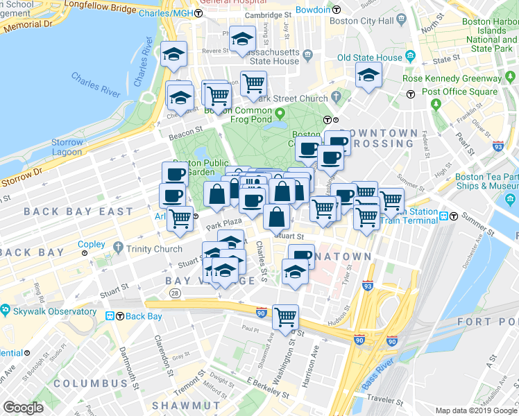 map of restaurants, bars, coffee shops, grocery stores, and more near 62 Charles Street South in Boston