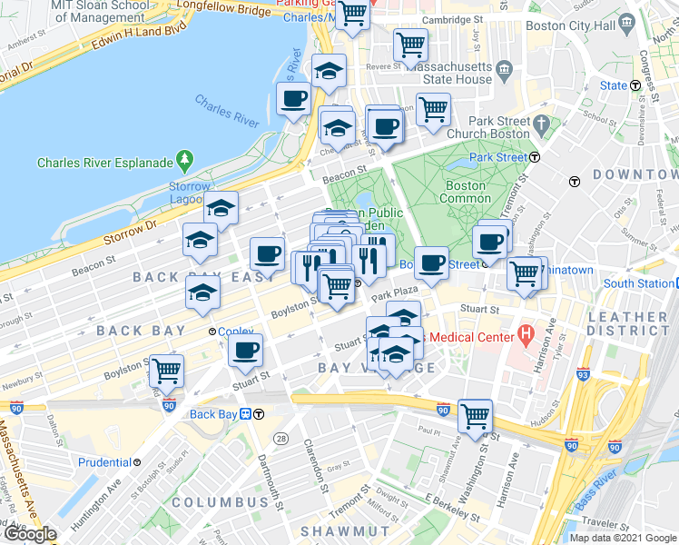 map of restaurants, bars, coffee shops, grocery stores, and more near in Boston