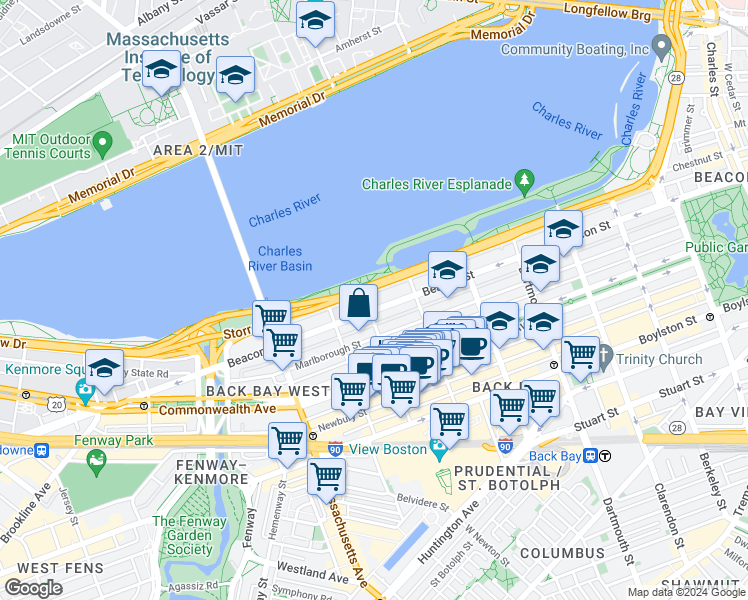 map of restaurants, bars, coffee shops, grocery stores, and more near 370 Beacon Street in Boston