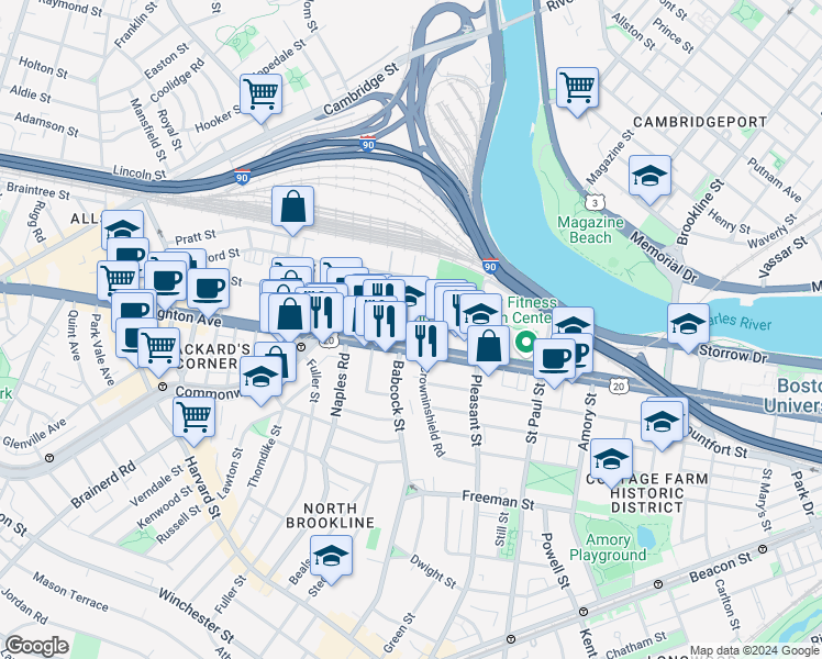 map of restaurants, bars, coffee shops, grocery stores, and more near in Boston