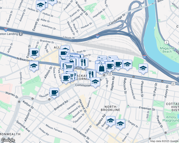 map of restaurants, bars, coffee shops, grocery stores, and more near 66 Brighton Avenue in Boston
