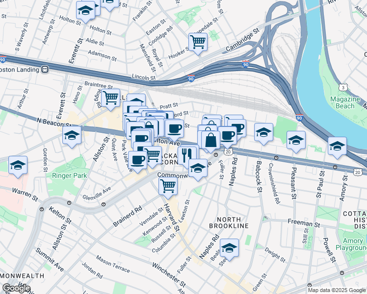 map of restaurants, bars, coffee shops, grocery stores, and more near 66 Brighton Avenue in Boston