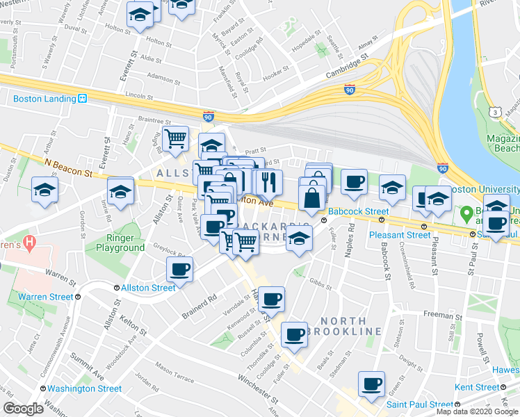 map of restaurants, bars, coffee shops, grocery stores, and more near 66 Brighton Avenue in Boston