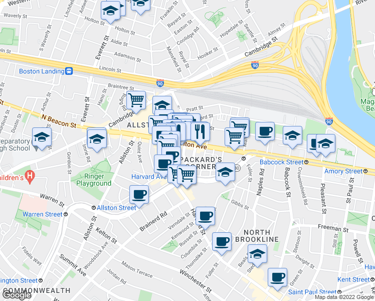 map of restaurants, bars, coffee shops, grocery stores, and more near 100 U.S. 20 in Boston