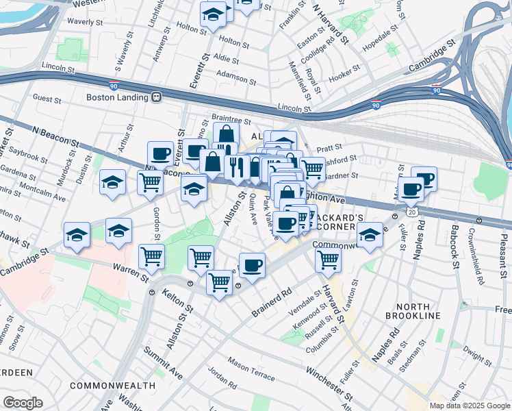 map of restaurants, bars, coffee shops, grocery stores, and more near 21 Quint Avenue in Boston