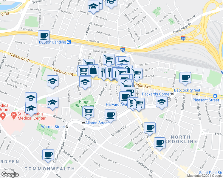 map of restaurants, bars, coffee shops, grocery stores, and more near 21 Quint Avenue in Boston