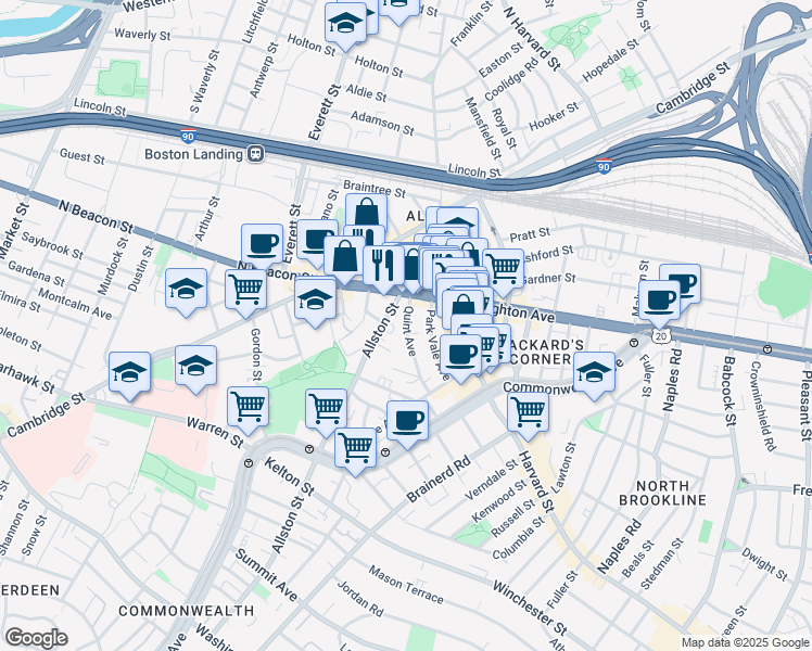 map of restaurants, bars, coffee shops, grocery stores, and more near 21 Quint Avenue in Boston
