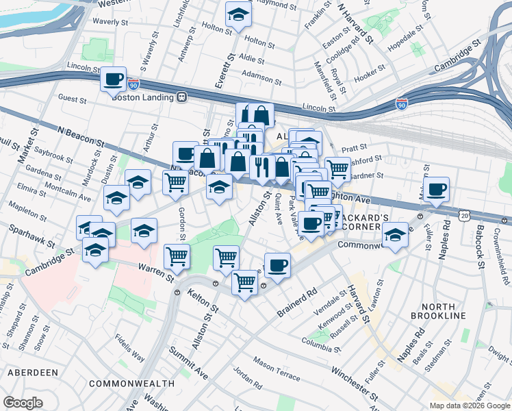 map of restaurants, bars, coffee shops, grocery stores, and more near 21-23 Higgins Street in Boston