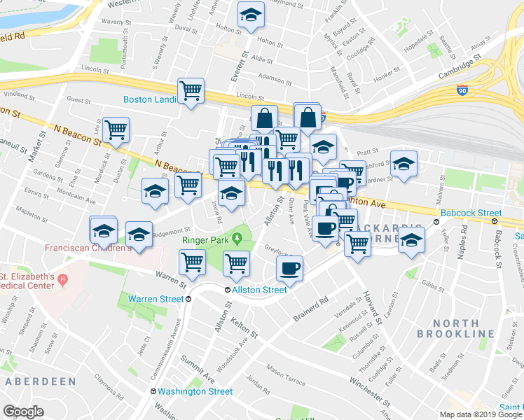 map of restaurants, bars, coffee shops, grocery stores, and more near 21-23 Higgins Street in Boston
