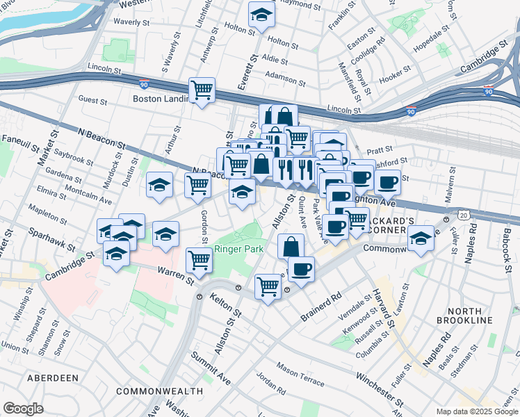 map of restaurants, bars, coffee shops, grocery stores, and more near 21-23 Higgins Street in Boston