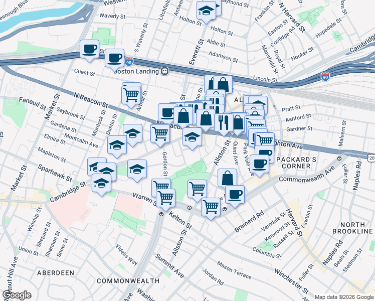 map of restaurants, bars, coffee shops, grocery stores, and more near 1 Islington Street in Boston