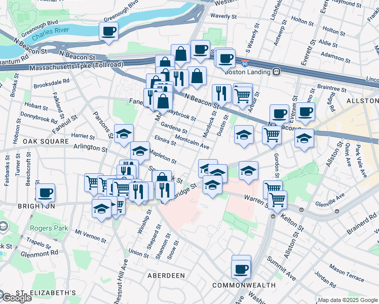 map of restaurants, bars, coffee shops, grocery stores, and more near 96 Etna Street in Boston