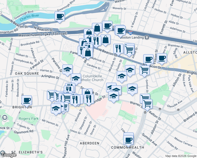 map of restaurants, bars, coffee shops, grocery stores, and more near 96 Etna Street in Boston