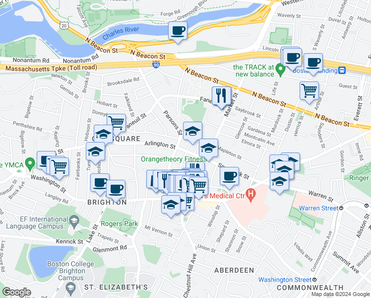 map of restaurants, bars, coffee shops, grocery stores, and more near 73 Parsons Street in Boston