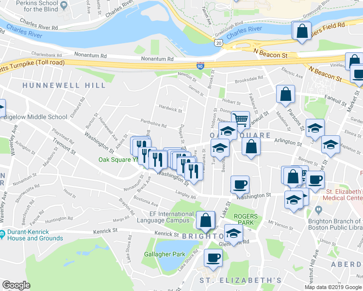 map of restaurants, bars, coffee shops, grocery stores, and more near 335 Faneuil Street in Boston