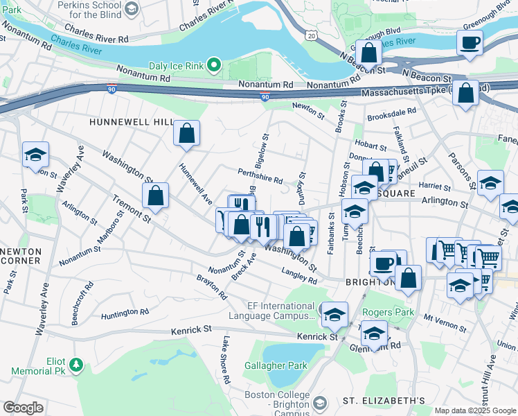 map of restaurants, bars, coffee shops, grocery stores, and more near 25 Bigelow Street in Boston