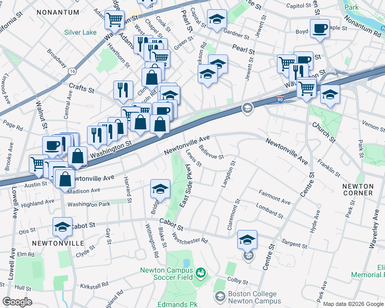 map of restaurants, bars, coffee shops, grocery stores, and more near 16 Lewis Street in Newton